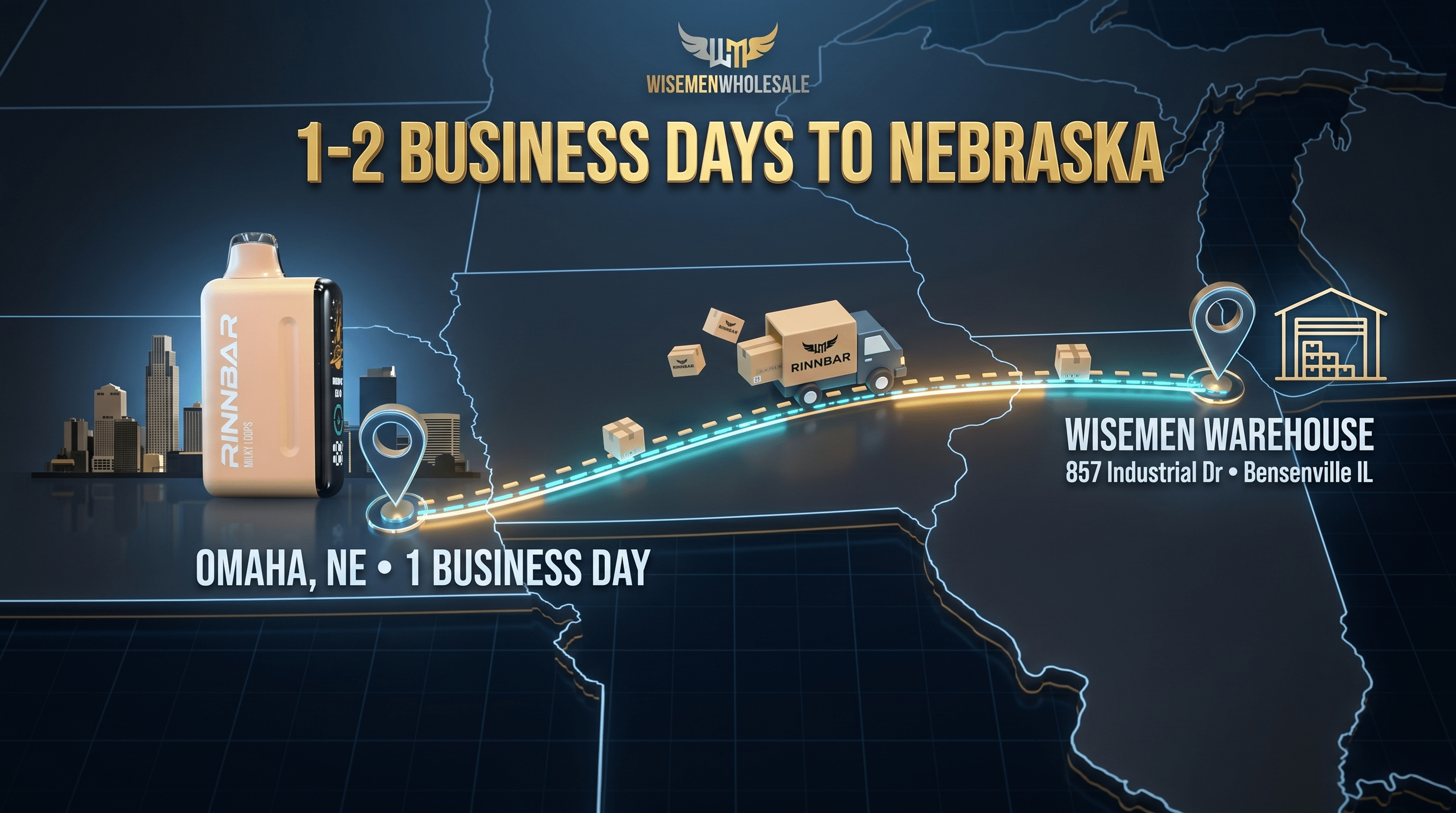 Rinnbar wholesale vape distribution Nebraska Omaha Lincoln shipping from Bensenville IL